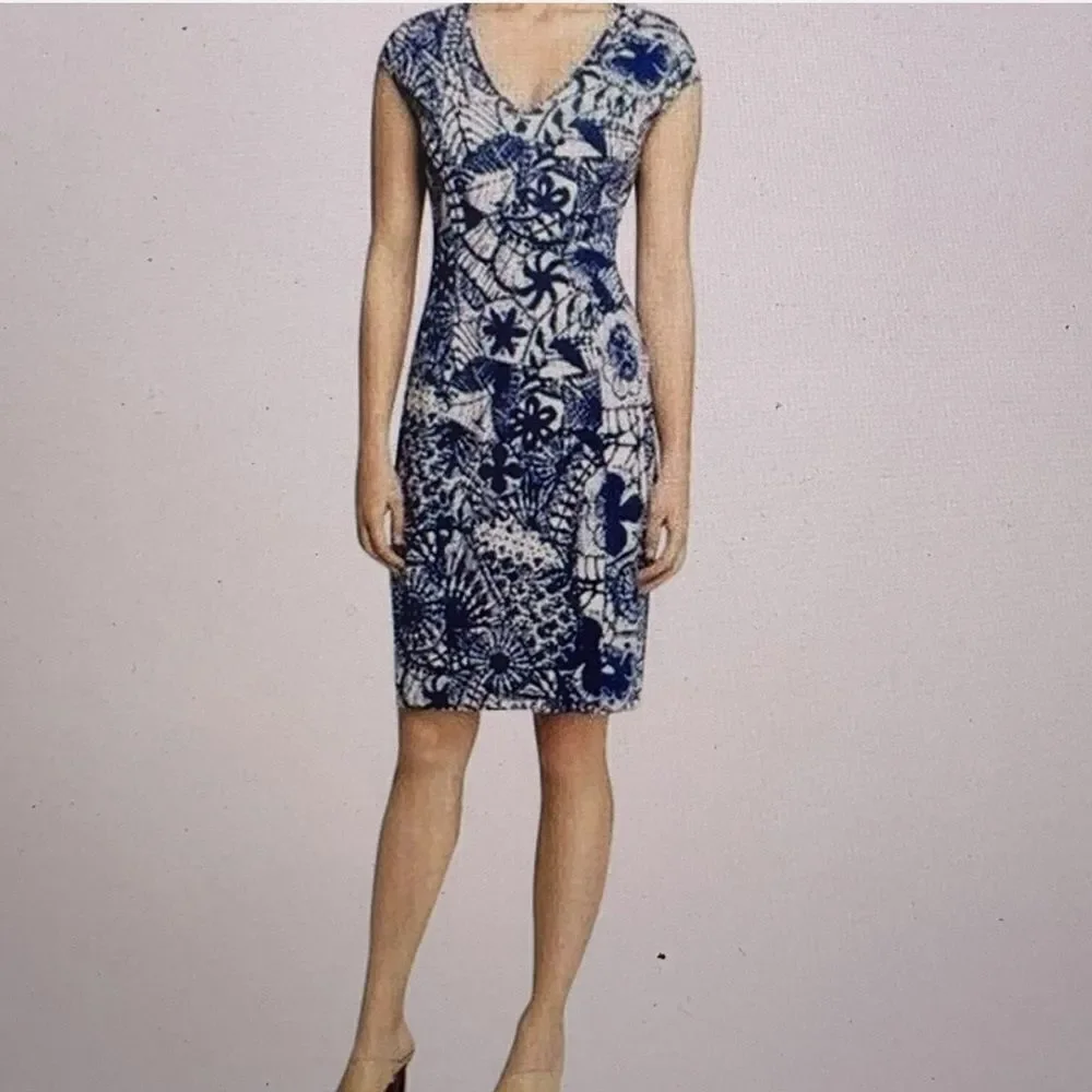 TORY BURCH Blue Baltic Sea Dream Catcher Dress MED Cap Sleeve V Neck Casua